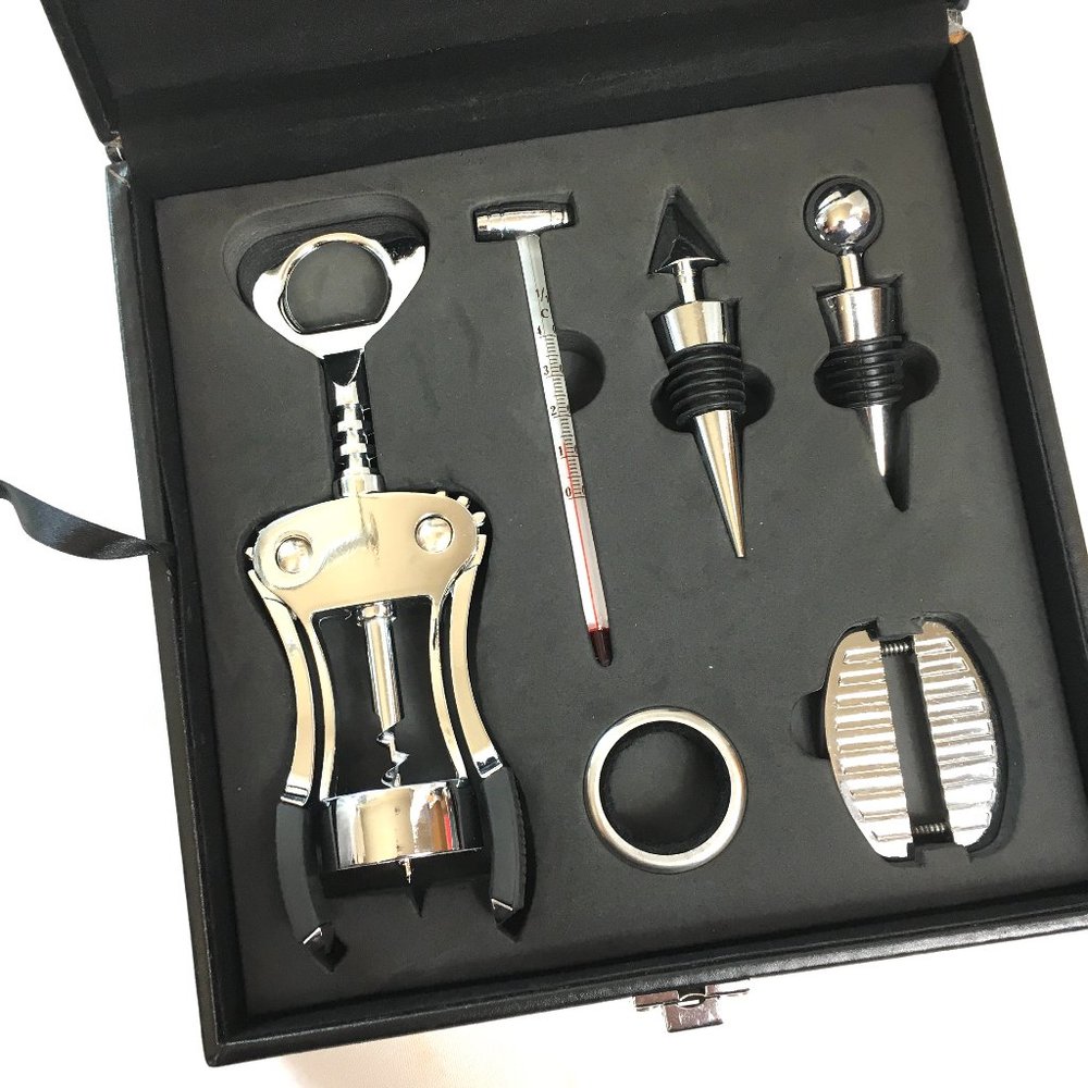 Wine Bottle Opener Gift Box 6 Pc Leather Case Set NWOT